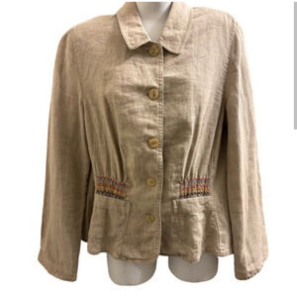Beige J. Jill 100% linen jacket ruffle Accent pockets womens size Lg Casual